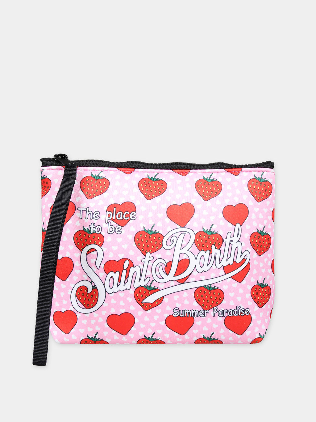 Pink cluch bag for girl with all-over strawberry print